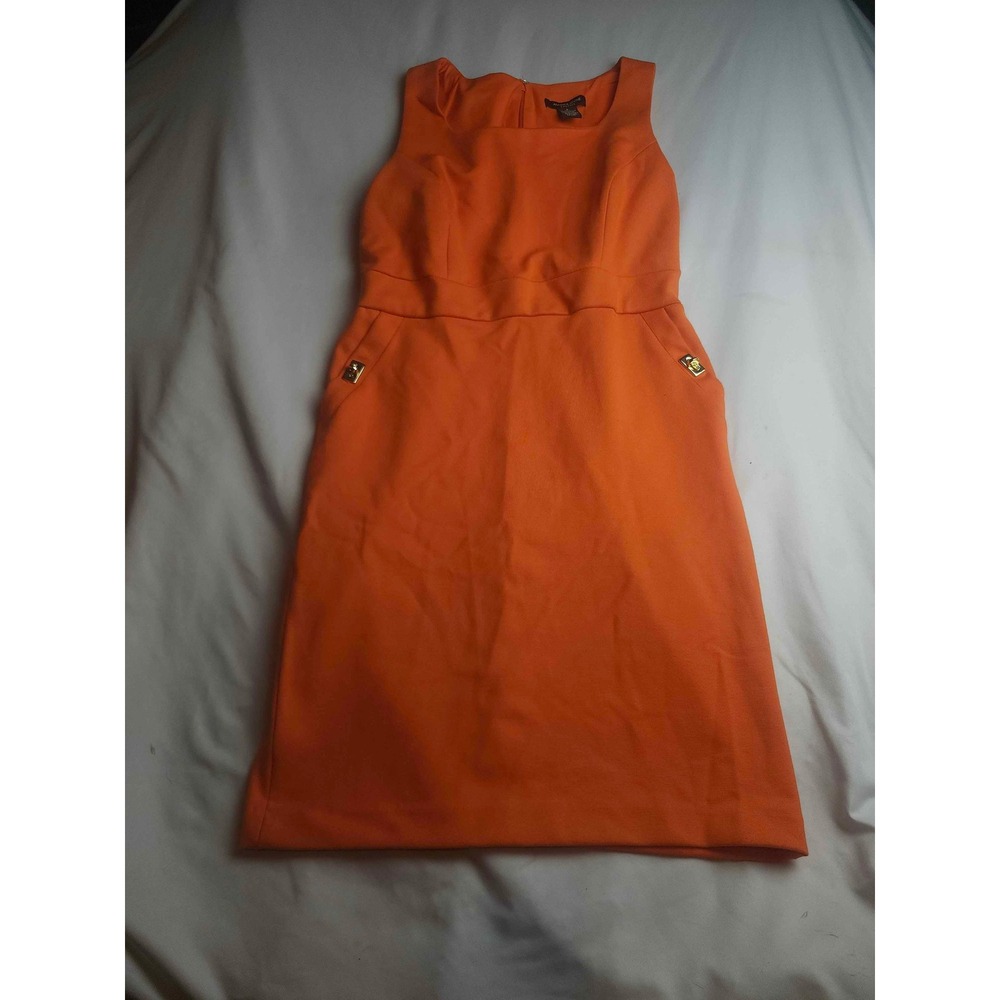 Andrea Jovine Orange Sleeveless Sheath Dress Gold Hardware Pockets Womens Size 6